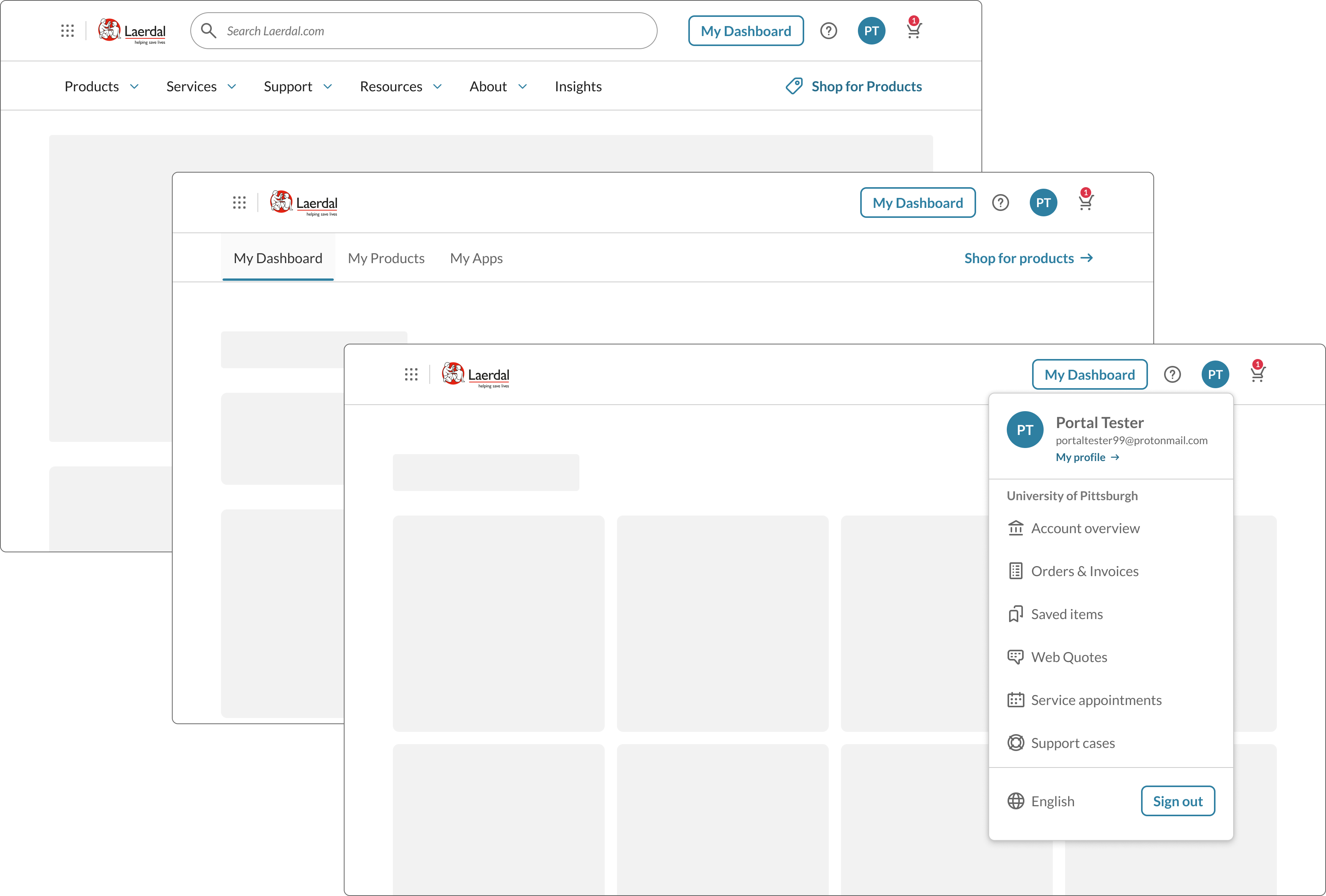 Design of the updated navigation shown across three different site platforms.